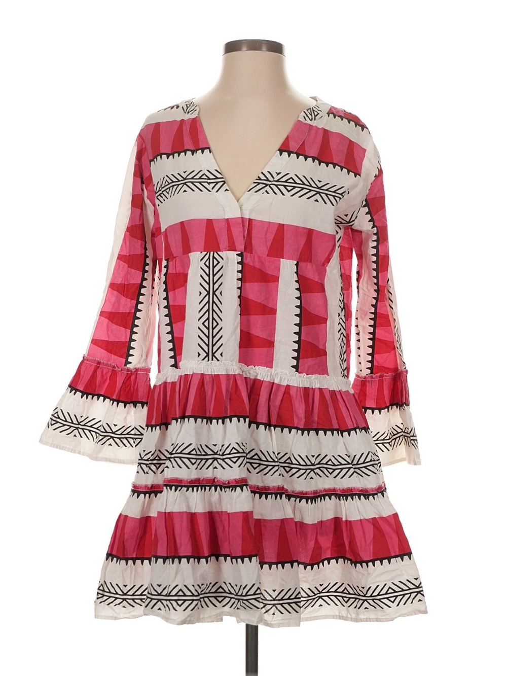Pink Geo-Print V-Neck Tiered Mini Dress